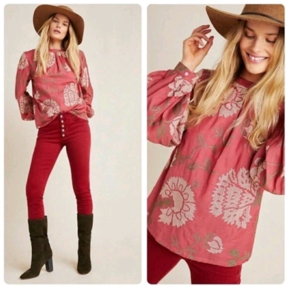 Anthropologie Payal Pratap Rhododendron Blouse Size 2 Peasant Embroidered Boho